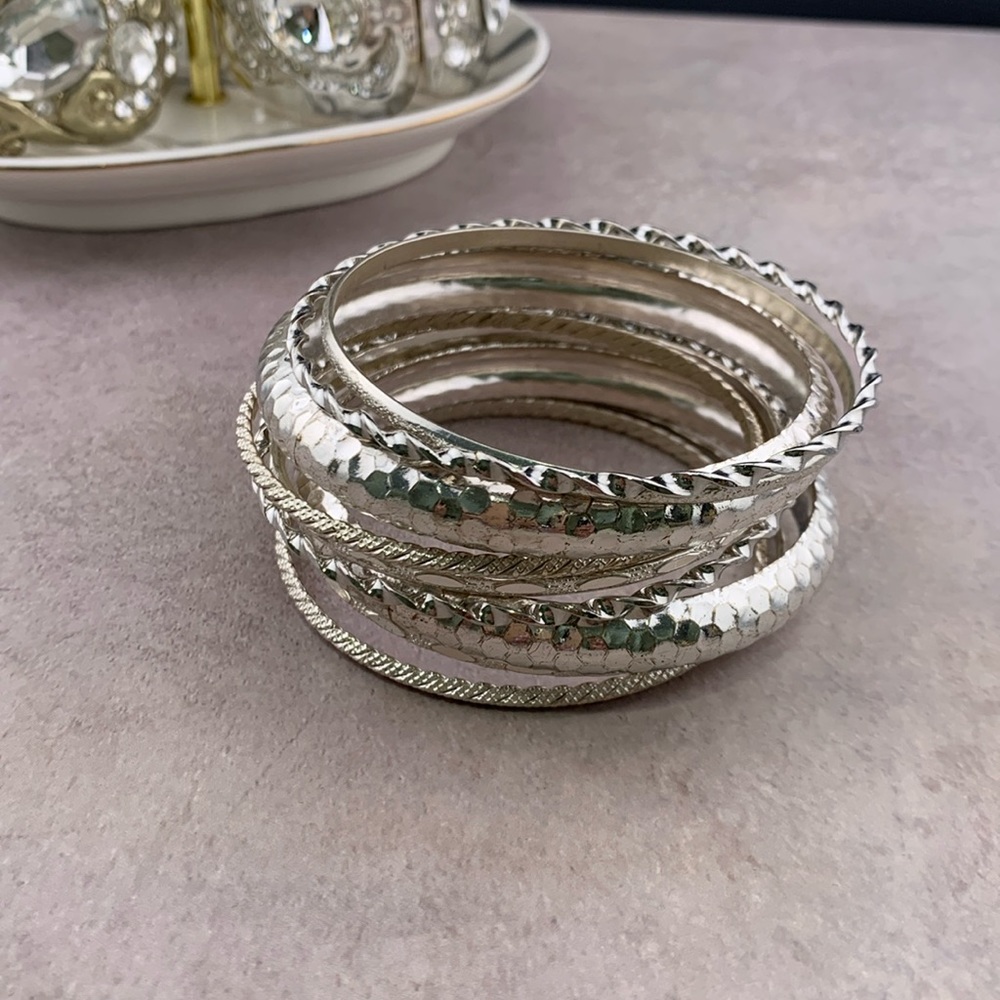 10 Piece Silver Tone Bangle Variety Set